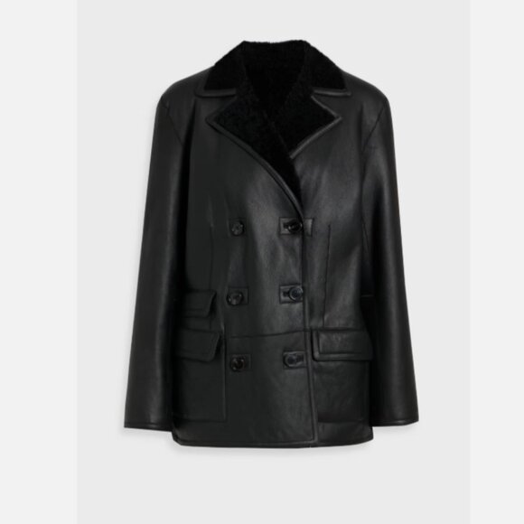 THEORY Reversible Double-Breasted Shearling Lambskin Jacket - Picture 2 of 14